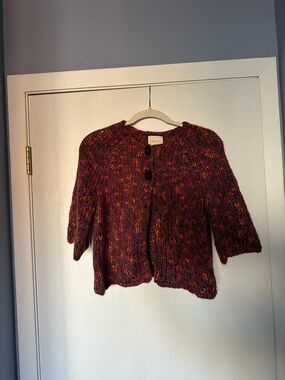 Relativity Marled Cropped Cardigan in Burgundy with Orange Flecks